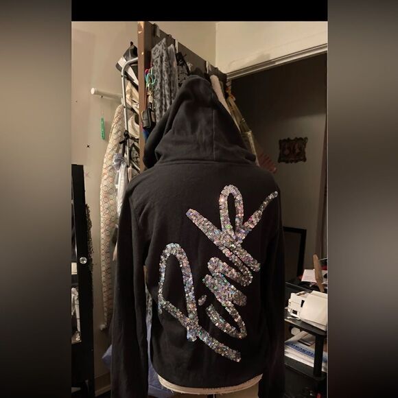 VS Med. Fashion show bling script black full zip up hoodie hooded sweatshirt htf - Picture 2 of 5